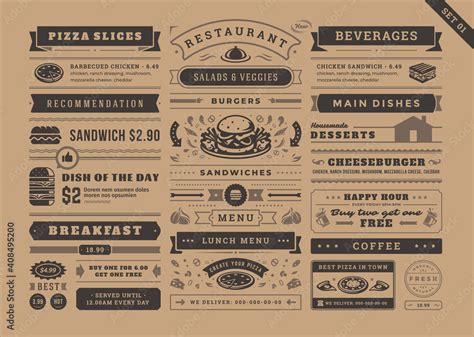 Restaurant menu typographic decoration design elements set vintage and retro style vector ...