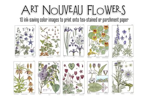 Art Nouveau Flowers Ink Saving Images to Print on Tea Stained or Parchment Paper Junk Journal 10 ...