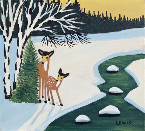 Deer by the Stream Maud Lewis oil on board (11.75x12.75 in) circa 1956 at Mayberry Fine Art ...