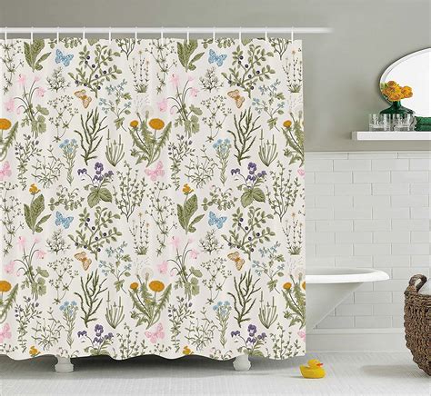 Floral Shower Curtain Vintage Garden Plants with Herbs Flowers ...