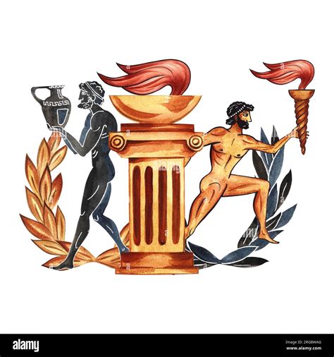 Composition with Ancient Greek Olympic elements and athletes. Torch ...