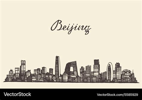 Beijing skyline engraved drawn sketch Royalty Free Vector