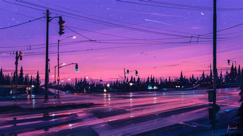 Pink skies over a wet street. [3840x2160] | Desktop wallpaper art ...