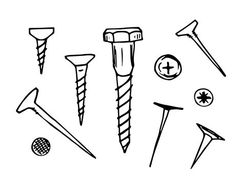 Hand drawn simple doodle vector set, black outline drawing. Fixing tools, nails, screws ...