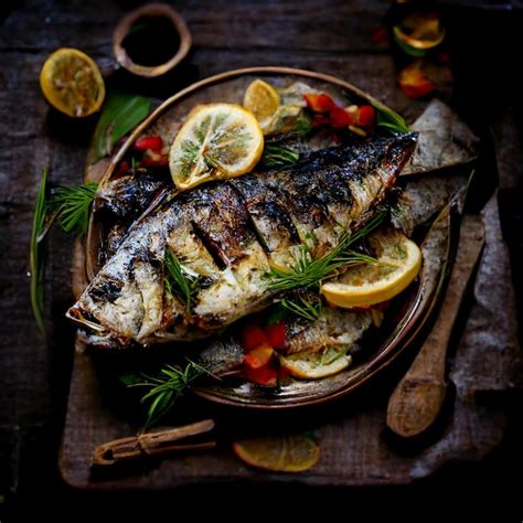 Premium Photo | A plate of fish with lemons and herbs on it