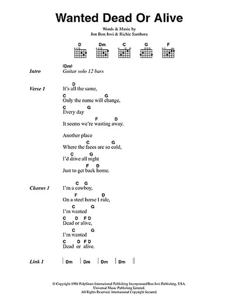 Bon Jovi "Wanted Dead Or Alive" Sheet Music Notes | Download Printable PDF Score 83685