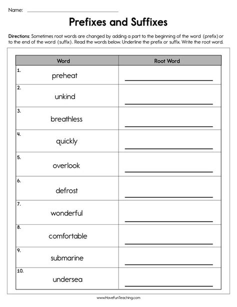 Prefixes and Suffixes Root Words Worksheet by Teach Simple