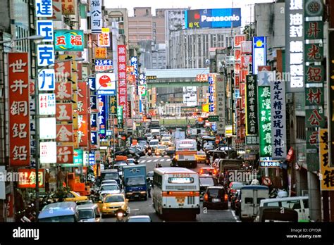 Taiwan, Taipei, traffic on the main street of the capital city which ...