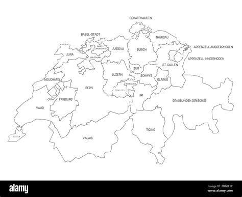 Black Outline Political Map Of Switzerland Administrative Divisions ...