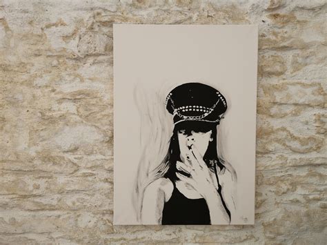 Original Painting Acrylic Large Portrait Pretty Woman With Hat Smoking Cigarette Black White ...