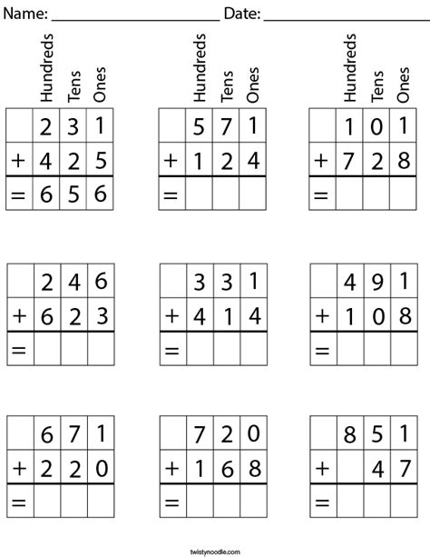 3 Digit Addition with Place Value Math Worksheet - Twisty Noodle