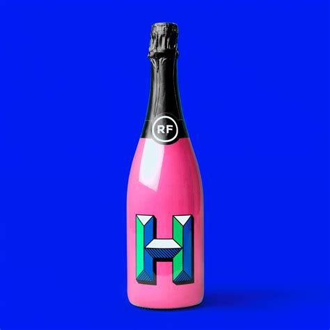 a pink bottle with the letter h painted on it's side, sitting in front of a blue background