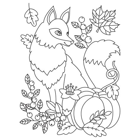 Fox in autumn themes like berries leaves with pumpkin autumn seasonal or thanksgiving coloring ...