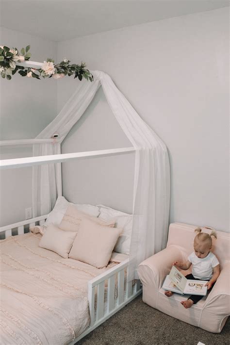 Toddler blush floral room | Toddler floor bed, Toddler house bed, Diy toddler bed