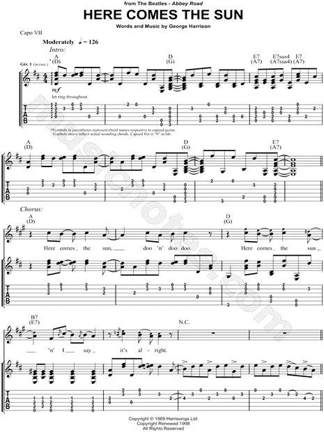 The Beatles "Here Comes the Sun" Guitar Tab in A Major - Download ...