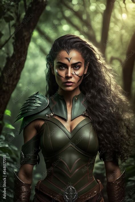 Portrait of a black hair fantasy elf soldier in green leather armor in forest. Beautiful fantasy ...