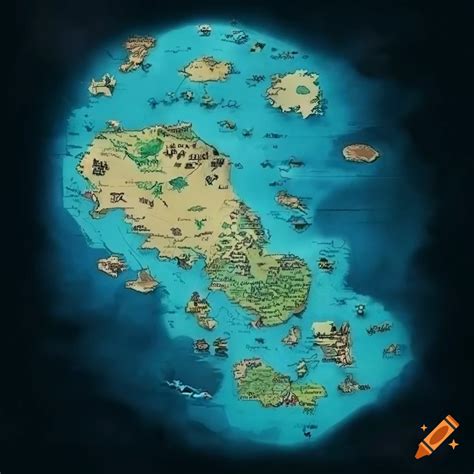 Illustration of a fantasy world map on Craiyon
