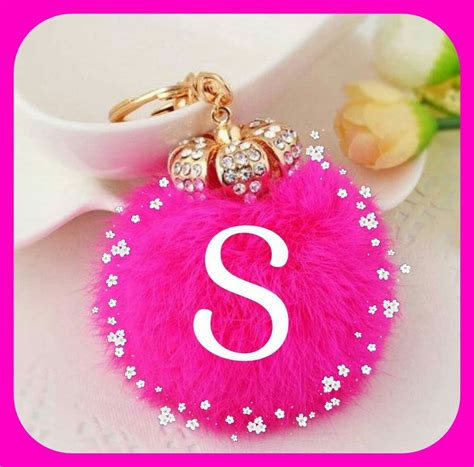 S Letter Keychain - Pink Fluffy Ball