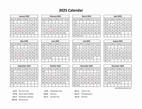 Free Download Printable Calendar 2025 with US Federal Holidays, one ...