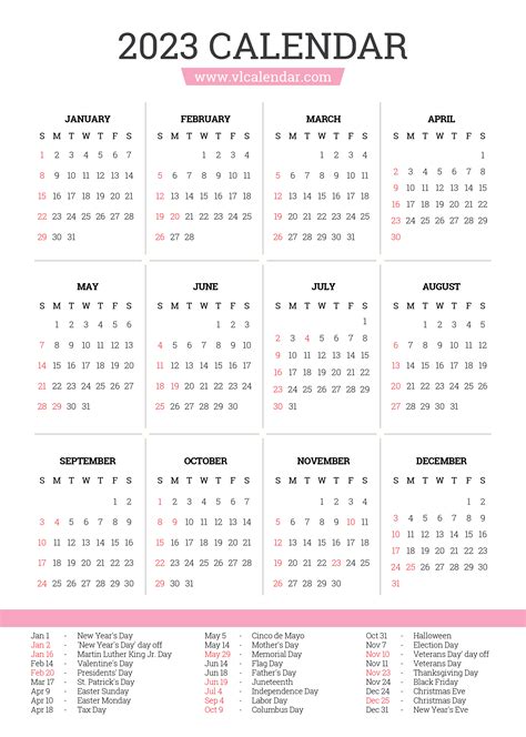 Year 2023 Calendar Printable Templates with Holidays - VL Calendar