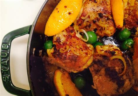 Inaugural Recipe in My Staub Braiser: Spanish Chicken with Sherry, Oranges, and Castelvetrano ...