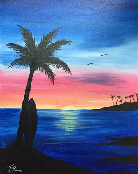 Island Sunrise | Sunrise painting, Seascape paintings, Surfboard painting