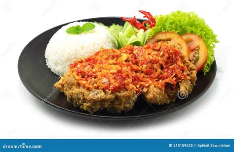 Ayam Geprek Indonesian Food Crispy Fried Chicken With Hot And Spicy Sambal Chili Sauce Royalty ...