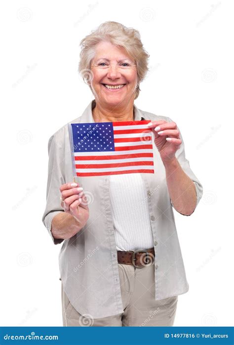 Happy Old Lady Holding A Flag Of United States Stock Photo - Image of ...