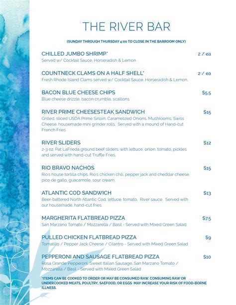 The River Bar Menu | River: A Waterfront Restaurant & Bar