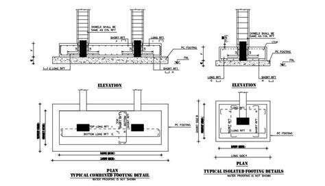 Plan And Elevation of typically combined and isolated Footing details. - Cadbull