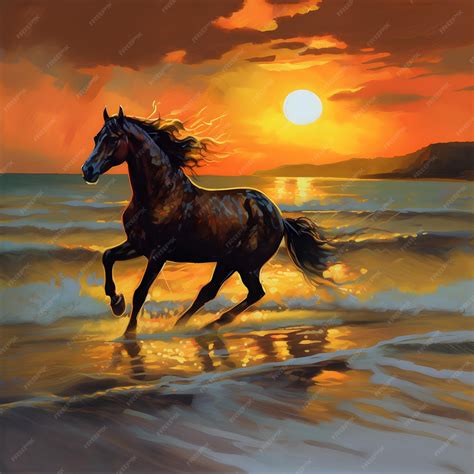 Premium Photo | A painting of a horse running in the water at sunset.