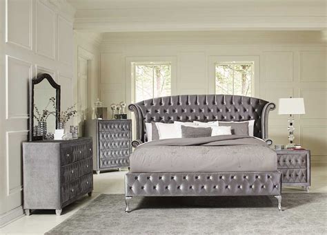 Coaster Deanna Upholstered Bedroom Collection - Silver Metallic - Grey Velvet 205101-BEDROOM-SET ...