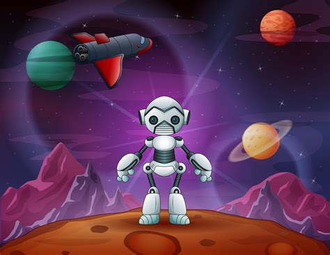 Robot cartoon in outer space with a plane 5708500 Vector Art at Vecteezy