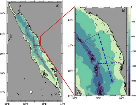 (a) Bathymetric map of the study region (b) Bathymetric map with the ...