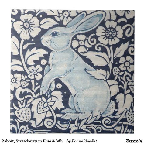 Rabbit, Strawberry in Blue & White Summer Foliage Ceramic Tile | Zazzle ...