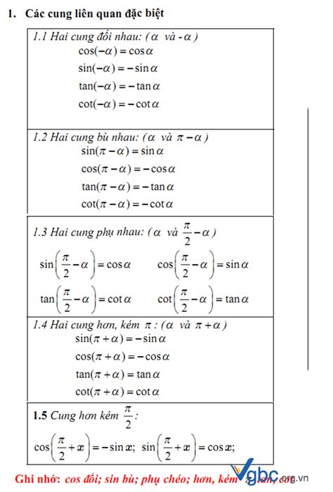 6 công thức lượng giác cơ bản đầy đủ dành cho học sinh