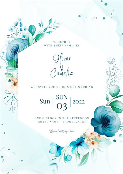 Blue wedding invitation of watercolor floral frame and abstract background | Wedding invitation ...