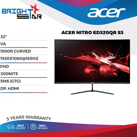 ACER NITRO 32" ED320QR S3 VA 165HZ FHD CURVED GAMING MONITOR | Shopee ...