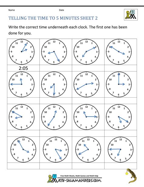 Telling Time Clock Worksheets to 5 minutes