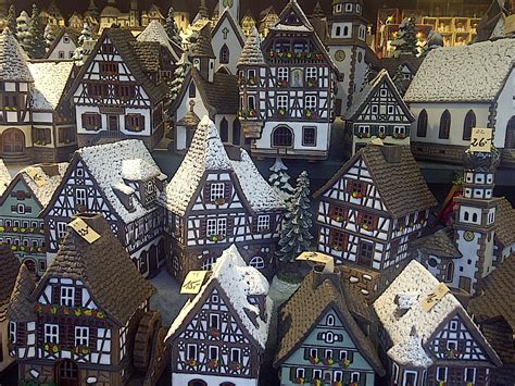 A ceramic German village at the Christmas Market booths in Salzburg, Austria. On the GERMAN ...