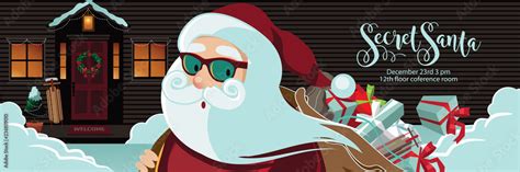 Secret Santa banner design with Cartoon Santa Claus delivering gifts in front of a house ...