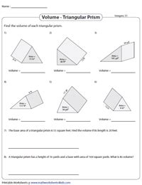 Volume of a Triangular Prism Worksheets