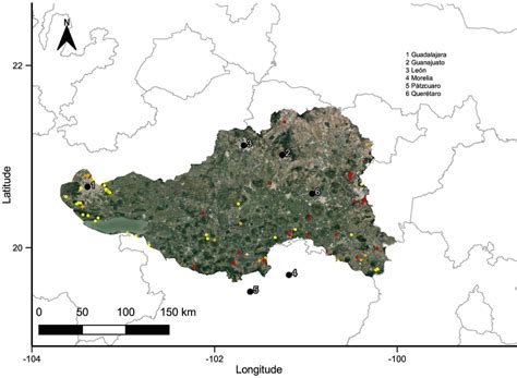 Satellite map of the Bajío region (including (parts of the states of ...