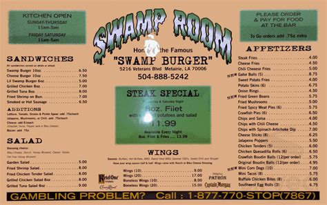 Swamp Room menu in Metairie, Louisiana, USA