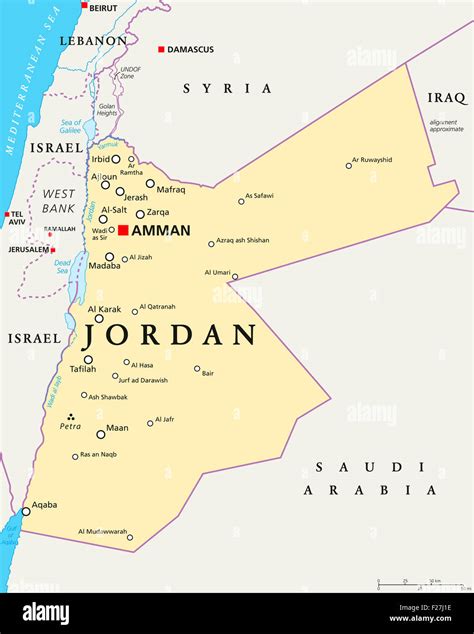 Jordan political map with capital Amman, national borders, important cities, rivers and lakes ...