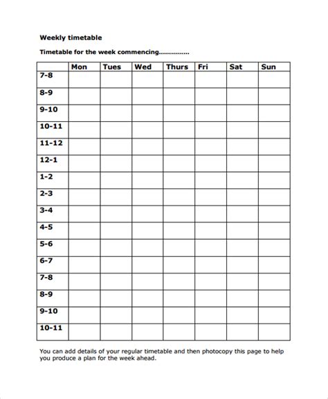 Weekly Timetable Printable