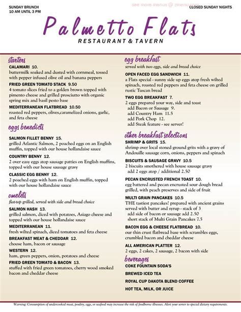 Online Menu of Palmetto Flats Restaurant, Summerville, South Carolina, 29485 - Zmenu