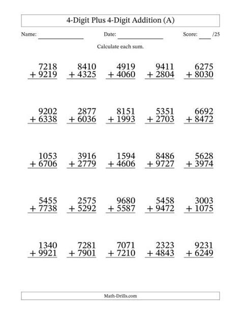 4-Digit Plus 4-Digit Addition with SOME Regrouping (A)