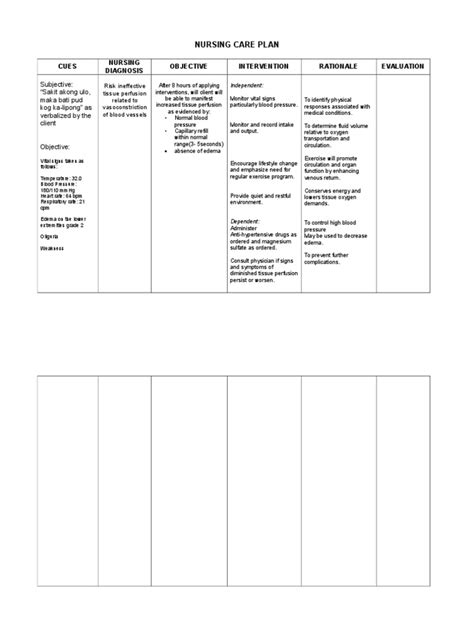 NURSING CARE PLAN - Risk For Ineffective Tissue Perfusion | PDF