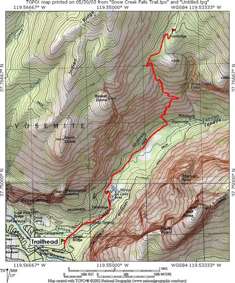 Snow Creek Falls Trail; Yosemite NP, CA Topo Map, Profile and Trail ...